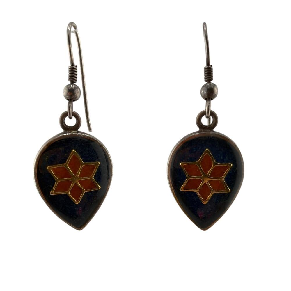 Vintage Carolyn Pollack Sterling Silver Enamel Starburst Teardrop Dangle Earring